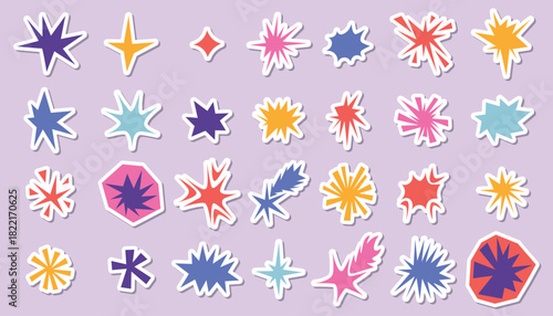 Set of irregular star and sparkle collage shapes stickers with rough edges and retro feel. Colorful cut paper starburst elements ideal for sticker, scrapbook in bold angular style.