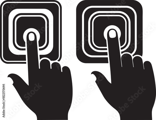 Two hands pressing square buttons with concentric rings