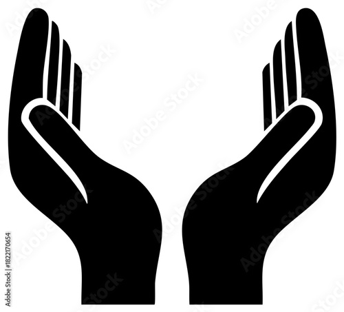 Two Open Hands Reaching Upward Silhouette Protection Safety Symbol Hands Palms Black and White Icon