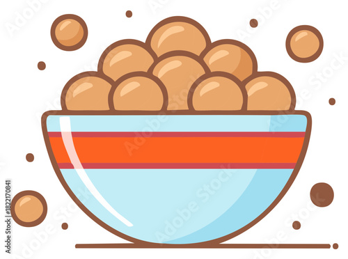 Simple vector icon of a colorful bowl overflowing with round cereal puffs or tapioca pearls.