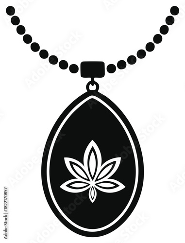 Necklace with an cannabis leaf pendant isolated as vector icon. Black and white marijuana jewelry with beaded strand.