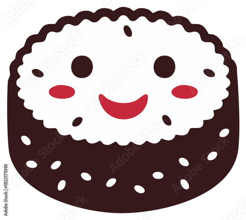 Sushi roll cartoon character with happy face, seaweed and rice, Japanese food illustration