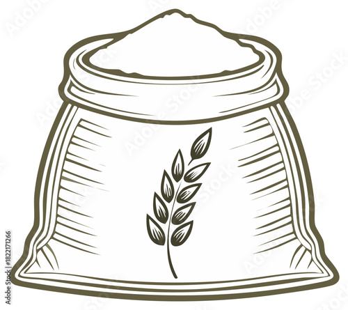 Stylized illustration of a sack full of flour with a wheat stalk icon