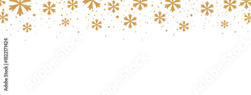 Elegant Christmas or winter banner featuring a seamless falling pattern of golden/bronze snowflakes and dots along the top edge. The design is isolated on a white background, offering significant copy