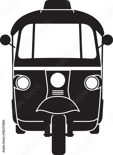 Black and white silhouette of a tuk tuk