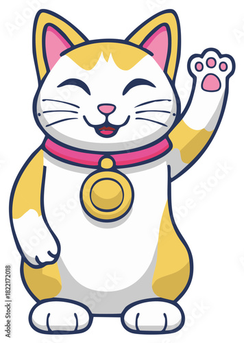 Lucky Cat Waving Hello With Pink Collar and Gold Coin Charm Illustration