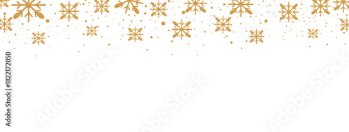 Elegant Christmas or winter banner featuring a seamless falling pattern of golden/bronze snowflakes and dots along the top edge. The design is isolated on a white background, offering significant copy