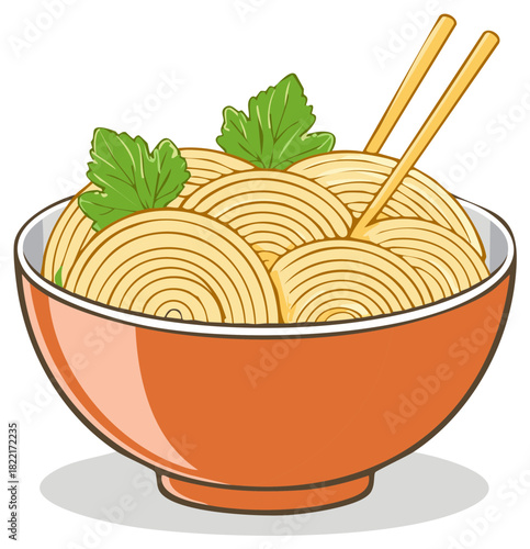 Vibrant Illustration of Asian Noodles Served in an Orange Bowl with Chopsticks