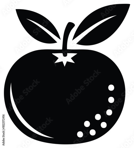 Simple black silhouette icon of an orange fruit with leaves. Minimalist citrus vector graphic for healthy food.