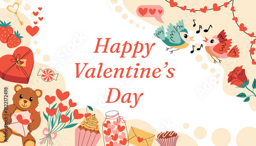Happy Valentines Day horizontal card with organic halftone frame, festive text and cute holiday elements like hearts, gifts, teddy bear, roses, singing birds, candies, cupcake, heart jar and more.