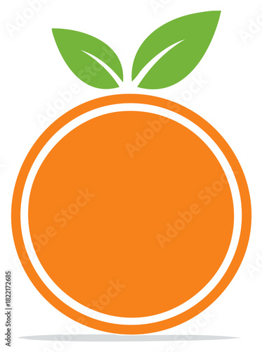 Orange fruit logo with green leaves, simple, graphic design representing freshness and healthy food.