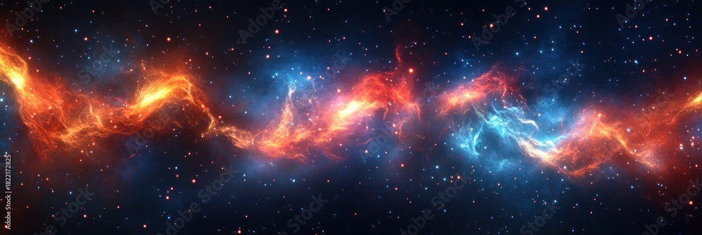Fototapeta premium Vibrant cosmic nebula with glowing red and blue gas and numerous stars across deep space