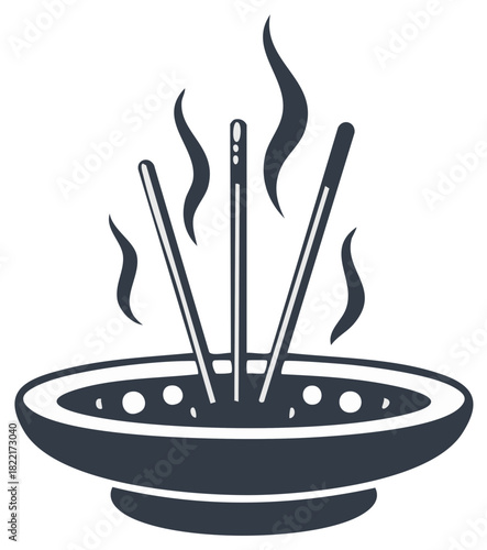 Incense sticks burning in a ceramic bowl, with smoke rising, illustration