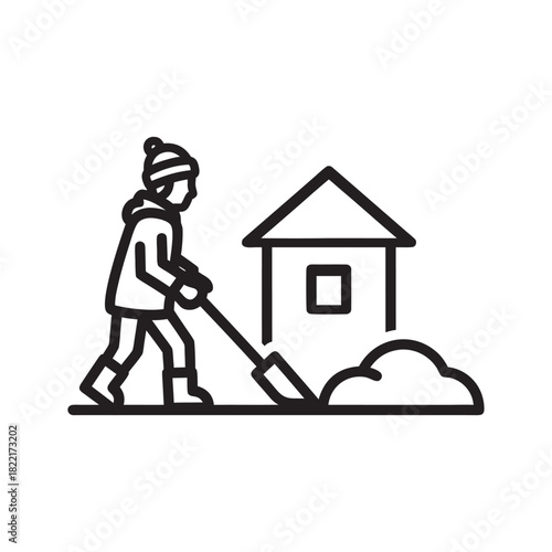Man shoveling snow near house winter season black and white vector icon