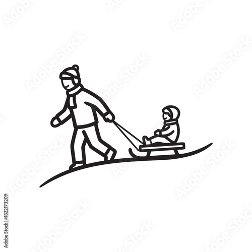 Parent pulling child on sled in winter black and white vector illustration