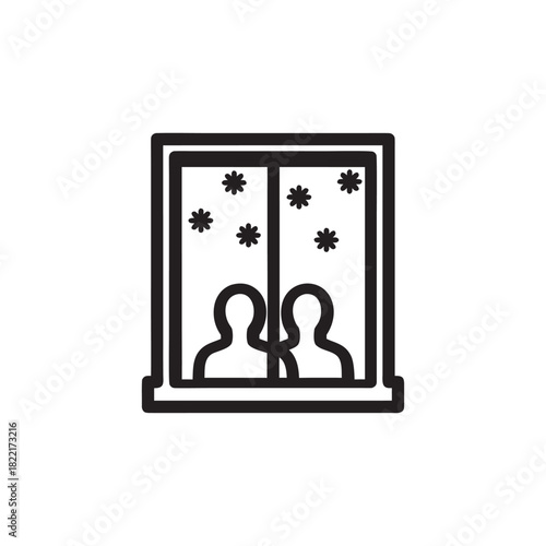People looking out window in winter snowfall black and white vector icon