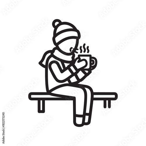 Winter person sitting on bench drinking hot coffee black and white vector illustration