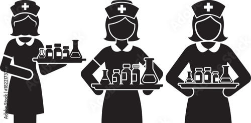 Three nurses holding trays of medical supplies and vials
