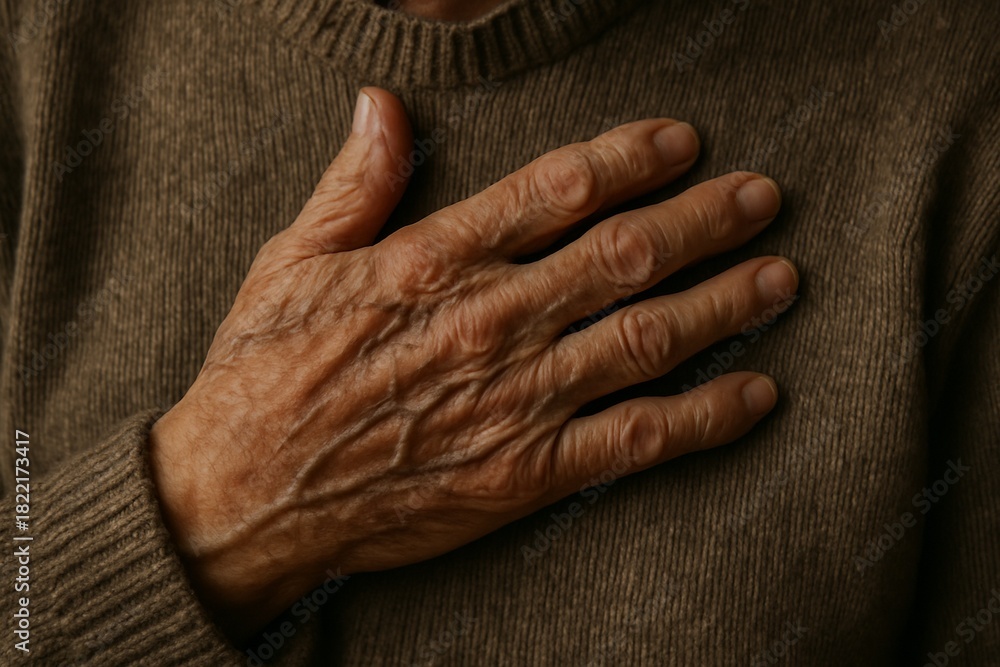 Fototapeta premium Close-up of elderly person hand placed on chest, showcasing natural signs of aging with visible wrinkles and veins. Hand is positioned in alarming gesture, symbolizing anxiety or health problems