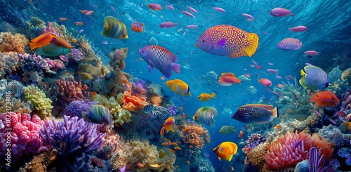Colorful Coral Reef Teeming With Diverse Marine Life in Clear Blue Waters