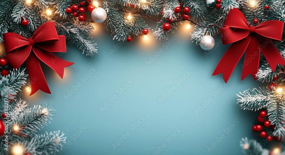 Fototapeta premium Festive Holiday Decoration With Pine Branches, Berries, and Bows