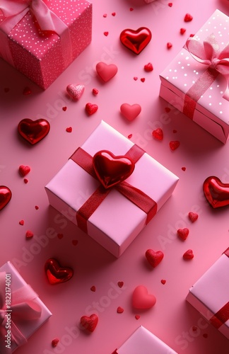 Beautiful Pink Gifts Arranged for a Celebration With Hearts and Decorations S...