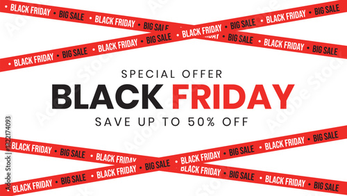 Black friday big sale banner. Save up to 50% off. Red Crossed ribbons, stripes with text isolated on transparent background