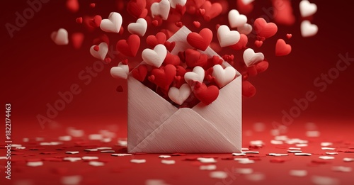 Heart-shaped Confetti Bursts From an Open Envelope on a Red Background for a ...