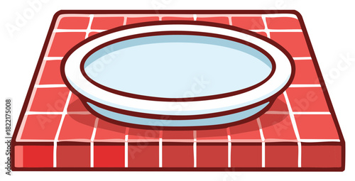 Empty plate on a red square tiled surface kitchenware tableware object cartoon illustration food service design