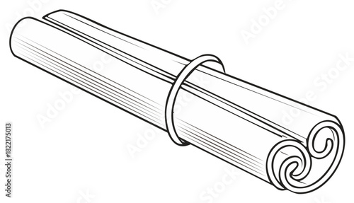 Single aromatic cinnamon stick tied in a decorative bundle hand drawn style cooking spice ingredient outline illustration