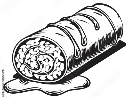 Retro black and white vector of a classic rolled cake with visible filling and dripping glaze