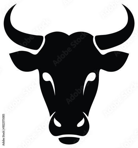 Minimalist black bull head silhouette with horns, a powerful graphic vector icon for logo or emblem