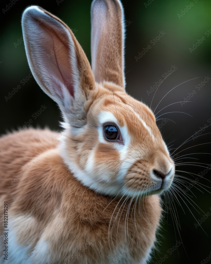 Fototapeta premium Close up macro shot of a soft brown rabbit fur and ears with white markings image
