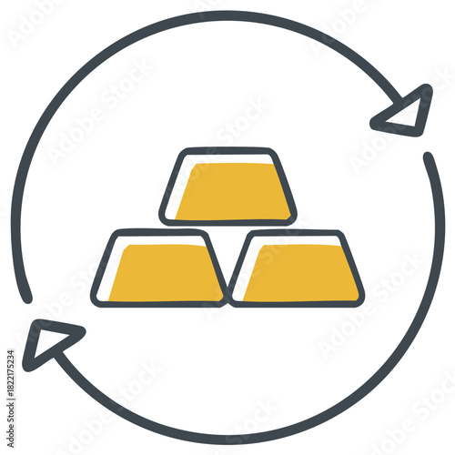 Stacked gold bars within a circular arrow representing financial exchange and investment growth