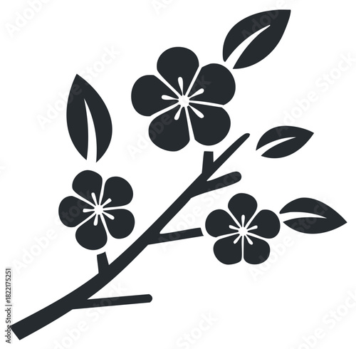Stylized plum blossom branch illustration, simple floral design with petals and leaves