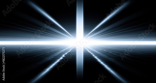 luminescent horizon scene, brilliant cross light beams over reflective ground with starburst effects