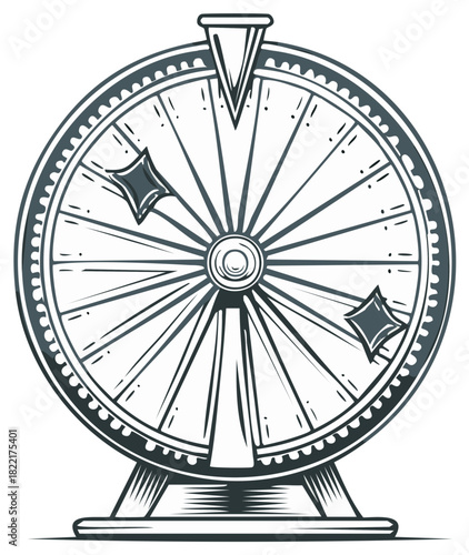 Vintage monochrome wheel of fortune prize wheel illustration for games of luck and chance