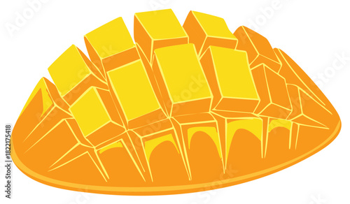 Stylized Illustration of a Sliced Mango: A Tropical Fruit in a Square Pattern, Vibrant Colors and a Delicious Appearance