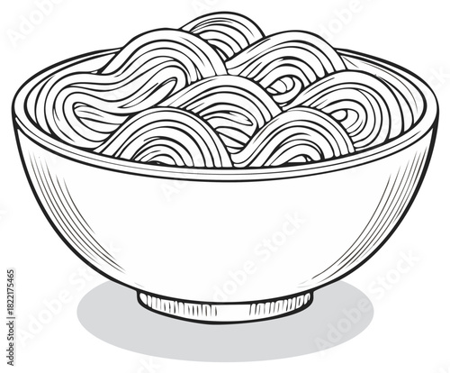 Bowl of noodles: Hand drawn illustration of asian noodle bowl with lines and shading in black and white.