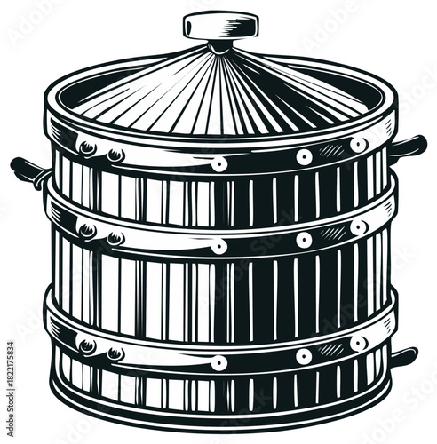 Classic Wooden Wine Press Illustration Featuring Detailed Black and White Design