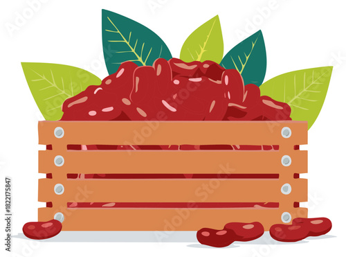 Red Kidney Beans in Crate with Green Leaves, Cooking, Illustration
