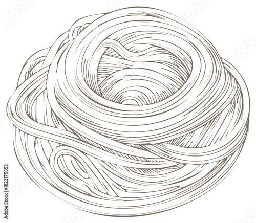 Stylized illustration of a circular nest of pasta noodles in a line drawing.