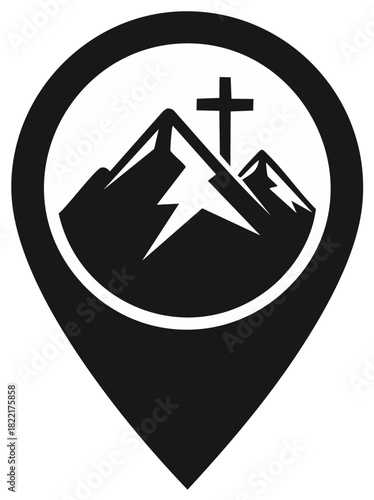 Location Pin Icon with Mountains and Christian Cross Symbol Black and White Vector Illustration