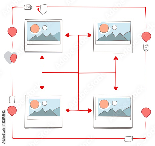 Photos Network Connection Concept with Mountain Landscape Images and Red Arrows