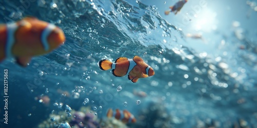 Colorful Clownfish Swim Through Clear Ocean Waters Near Coral Reefs in a Vibr...