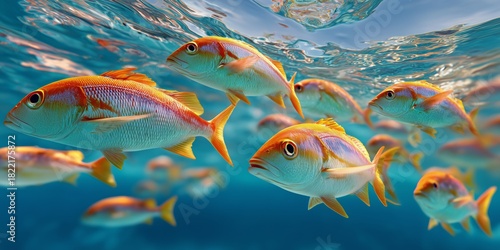 Colorful Fish Swim in Clear Ocean Water Near a Coral Reef During a Bright Day...