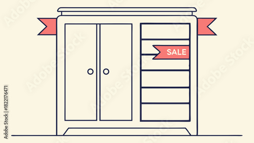 Vector drawing of a stylish cabinet with a sale banner for home furniture marketing