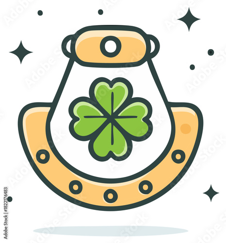 Lucky four leaf clover inside a horseshoe with sparkles and dots