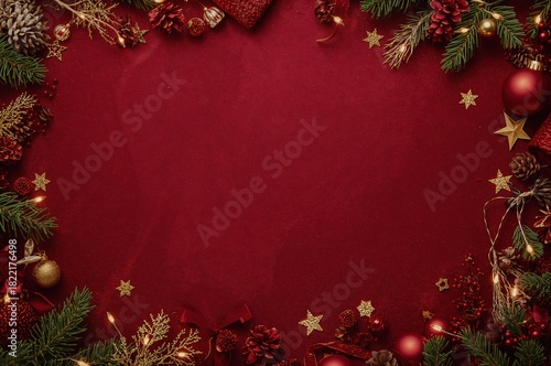 Marco festivo de Navidad sobre terciopelo rojo con adornos, bayas y pino — plantilla de banner horizontal