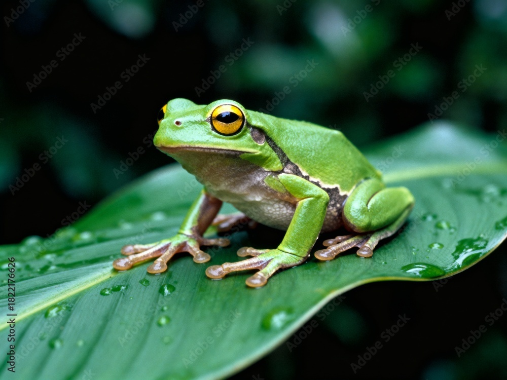 Naklejka premium close-up of exotic amphibian with striking red eye resting on lush green foliage